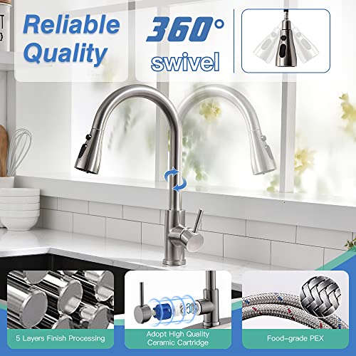 Kitchen Faucet with Pull Down Sprayer, High Arc Single Handle Single Hole Stainless Steel Kitchen Sink Faucet with 3 Functions Sprayer for Commercial Modern RV, Brushed Nickel