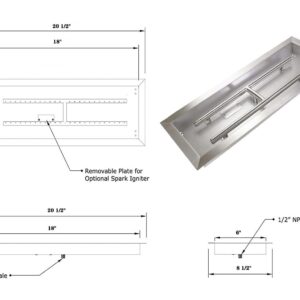 Shengyongh SS018 (1-Pack) 18 x 6 inch Rect Drop-in Fire Pit Pan H-Burner Installed, 70k BTU's