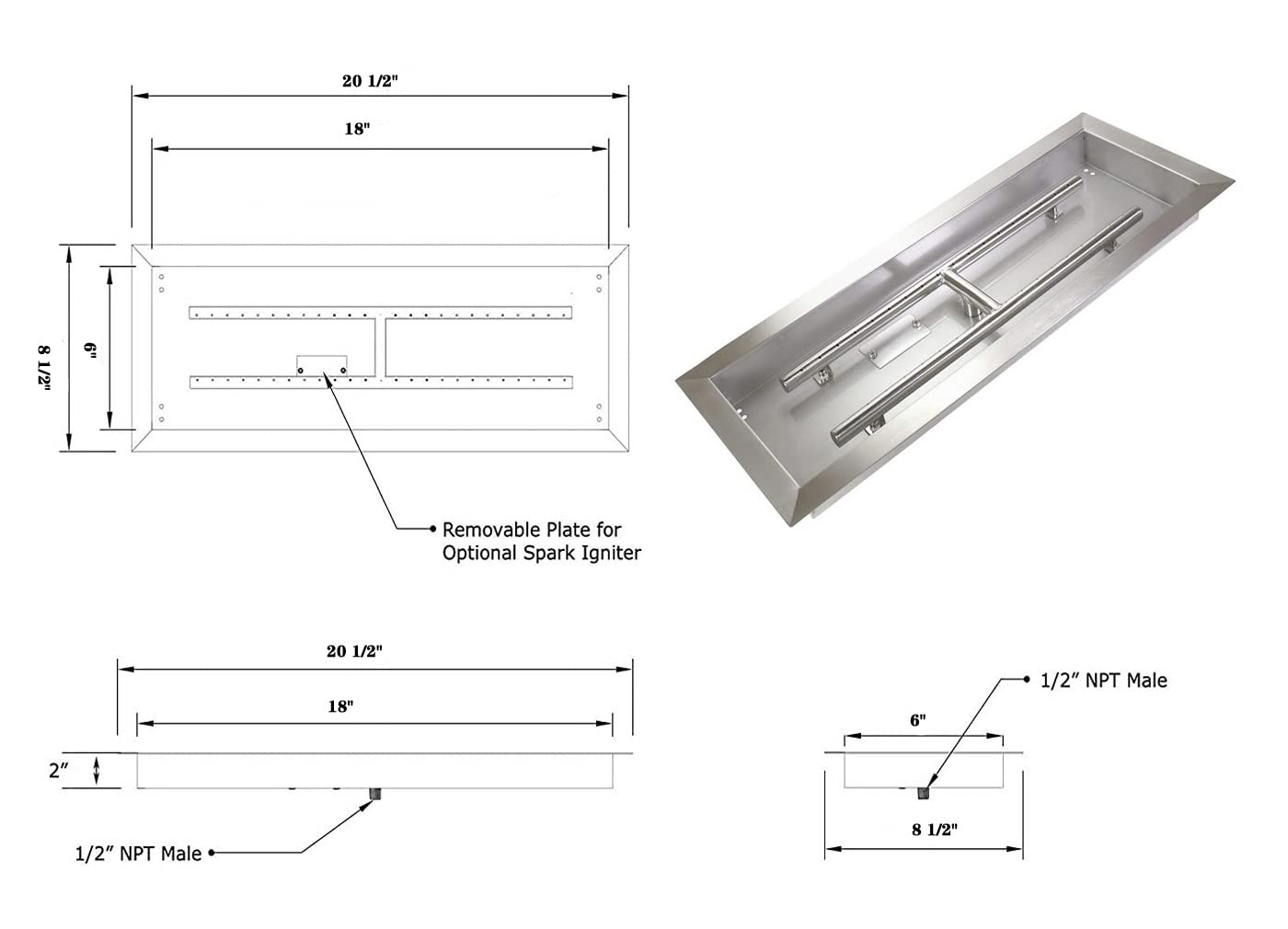 Shengyongh SS018 (1-Pack) 18 x 6 inch Rect Drop-in Fire Pit Pan H-Burner Installed, 70k BTU's