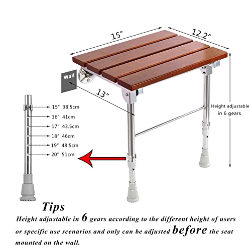 Folding Shower Seat Wall Mounted with Legs, Shower Seat Benches Stool Chair for Inside Shower, Fold Down Shower Seat for Seniors Small Shower Space, Foldable Fold up Waterproof Wood Height Adjustable