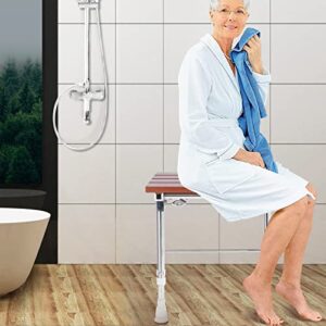 Folding Shower Seat Wall Mounted with Legs, Shower Seat Benches Stool Chair for Inside Shower, Fold Down Shower Seat for Seniors Small Shower Space, Foldable Fold up Waterproof Wood Height Adjustable