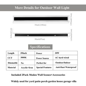 Besseto 2 Pack 39 inch 30W Long Outdoor Modern Waterproof IP65 Warm White LED Wall Mount Lighting Fixture Acrylic Black Exterior Wall Lights for House Courtyard Balcony Porch