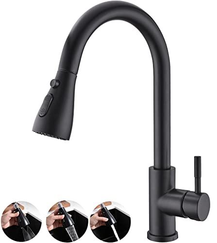 Kitchen Faucet with Pull Down Sprayer, Black Kitchen Faucet with 3 Functions Sprayer, Single Handle Stainless Steel Faucet for Kitchen Sink with Water Lines, Matte Black