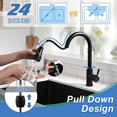 Kitchen Faucet with Pull Down Sprayer, Black Kitchen Faucet with 3 Functions Sprayer, Single Handle Stainless Steel Faucet for Kitchen Sink with Water Lines, Matte Black