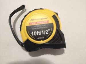 aldrich engineer tape measure, decimal inch, steel, 120 in, (10 ft but no feet on tape), numbered tenths of an inch between the inches, can measure to hundredth of an inch