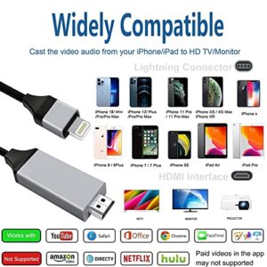 Lightning to HDMI Adapter Cable for iPhone,[Apple MFi Certified] 1080P HDTV Cable Adapter Digital AV Sync Screen Connector Compatible with iPhone/iPad/iPod on HD TV Monitor Projector - 6.6 Feet/2M