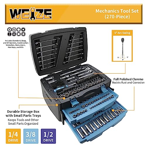 WEIZE 270-Piece Mechanics Tool Set with Case, 1/4", 3/8",1/2" Drive, SAE and Metric, Socket Set, Ratchets, Wrenches,Extension Bar, Hex Keys and Screwdriver Bits