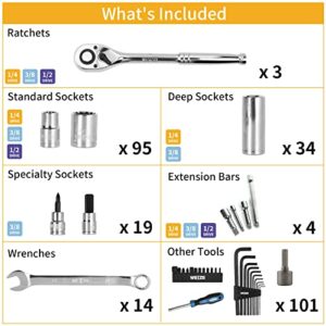 WEIZE 270-Piece Mechanics Tool Set with Case, 1/4", 3/8",1/2" Drive, SAE and Metric, Socket Set, Ratchets, Wrenches,Extension Bar, Hex Keys and Screwdriver Bits