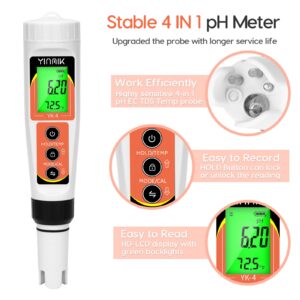 YINMIK PH Meter, Digital 4 in 1 PH EC TDS Temp Meter for Water Hydroponics, Waterproof DWC PH and EC PPM Water Tester with Backlit for Nutrients Growing, Indoor Garden, Home Brewing, Pool, Aquarium