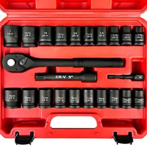 WETT 1/2-Inch Drive Socket Wrench Set, 23 Piece Impact Socket Sets, Shallow SAE/Metric, 13mm-24mm, 7/16"-1", 72 Teeth Quick Release Ratchet, Adapter and Extension Bar