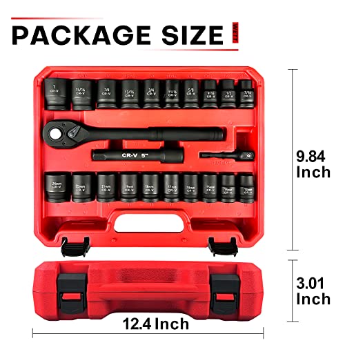 WETT 1/2-Inch Drive Socket Wrench Set, 23 Piece Impact Socket Sets, Shallow SAE/Metric, 13mm-24mm, 7/16"-1", 72 Teeth Quick Release Ratchet, Adapter and Extension Bar