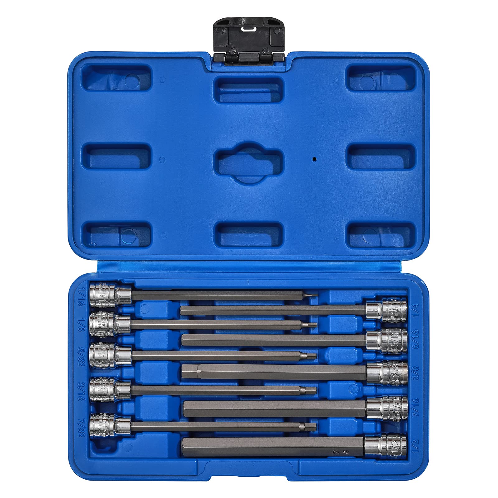 CASOMAN 10 Pieces 3/8 Inch Drive Long Hex Bit Socket Set, 1/16 Inch to 1/2 Inch, SAE, Extra Long Allen Hex Bit Socket Set, CR-V and S2 Steel