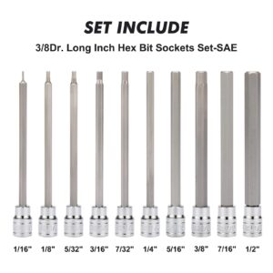 CASOMAN 10 Pieces 3/8 Inch Drive Long Hex Bit Socket Set, 1/16 Inch to 1/2 Inch, SAE, Extra Long Allen Hex Bit Socket Set, CR-V and S2 Steel