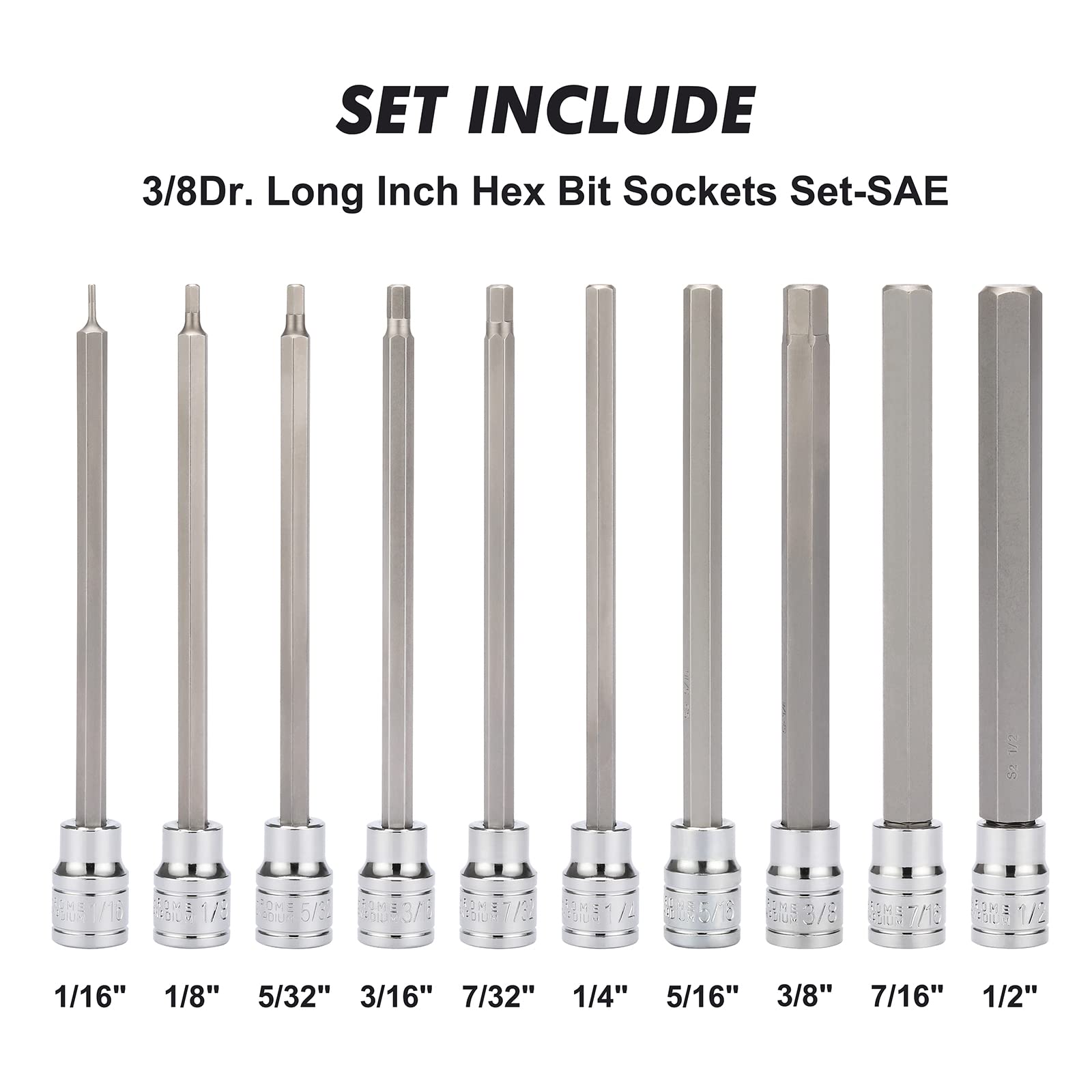 CASOMAN 10 Pieces 3/8 Inch Drive Long Hex Bit Socket Set, 1/16 Inch to 1/2 Inch, SAE, Extra Long Allen Hex Bit Socket Set, CR-V and S2 Steel