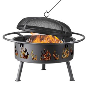 wood fire pits,bonfire pit,fire pits for outside,30 inch round cast iron fire pit for patio,backyard with spark screen,fire poker and metal grate (flame)