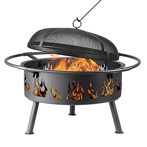 Wood Fire Pits,Bonfire Pit,Fire Pits for Outside,30 Inch Round Cast Iron Fire Pit for Patio,Backyard with Spark Screen,Fire Poker and Metal Grate (Flame)