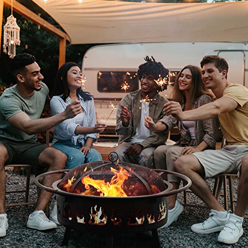 Wood Fire Pits,Bonfire Pit,Fire Pits for Outside,30 Inch Round Cast Iron Fire Pit for Patio,Backyard with Spark Screen,Fire Poker and Metal Grate (Flame)