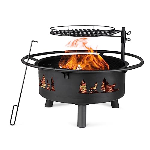 Fire Pits for Outside, Wood, Bonfire Pit, 30 Inch Round Cast Iron Fire Pit with Grill for Patio, Backyard with Spark Screen, Fire Poker and Metal Grate, Forest Cutout Pattern