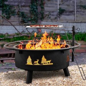 fire pits for outside, wood, bonfire pit, 30 inch round cast iron fire pit with grill for patio, backyard with spark screen, fire poker and metal grate, forest cutout pattern