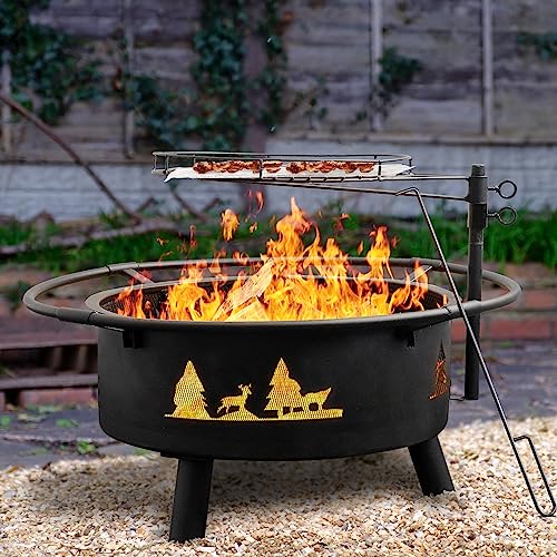 Fire Pits for Outside, Wood, Bonfire Pit, 30 Inch Round Cast Iron Fire Pit with Grill for Patio, Backyard with Spark Screen, Fire Poker and Metal Grate, Forest Cutout Pattern