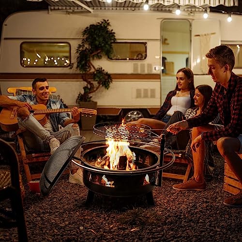 Fire Pits for Outside, Wood, Bonfire Pit, 30 Inch Round Cast Iron Fire Pit with Grill for Patio, Backyard with Spark Screen, Fire Poker and Metal Grate, Forest Cutout Pattern