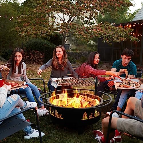 Fire Pits for Outside, Wood, Bonfire Pit, 30 Inch Round Cast Iron Fire Pit with Grill for Patio, Backyard with Spark Screen, Fire Poker and Metal Grate, Forest Cutout Pattern