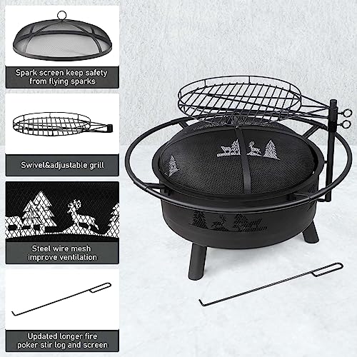 Fire Pits for Outside, Wood, Bonfire Pit, 30 Inch Round Cast Iron Fire Pit with Grill for Patio, Backyard with Spark Screen, Fire Poker and Metal Grate, Forest Cutout Pattern