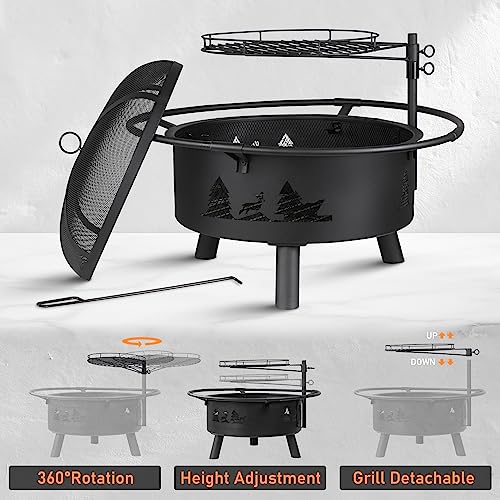 Fire Pits for Outside, Wood, Bonfire Pit, 30 Inch Round Cast Iron Fire Pit with Grill for Patio, Backyard with Spark Screen, Fire Poker and Metal Grate, Forest Cutout Pattern