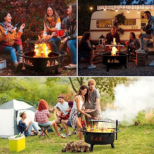 Fire Pits for Outside, Wood, Bonfire Pit, 30 Inch Round Cast Iron Fire Pit with Grill for Patio, Backyard with Spark Screen, Fire Poker and Metal Grate, Forest Cutout Pattern