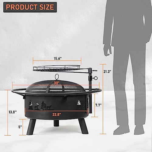 Fire Pits for Outside, Wood, Bonfire Pit, 30 Inch Round Cast Iron Fire Pit with Grill for Patio, Backyard with Spark Screen, Fire Poker and Metal Grate, Forest Cutout Pattern