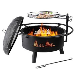 Fire Pits for Outside, Wood, Bonfire Pit, 30 Inch Round Cast Iron Fire Pit with Grill for Patio, Backyard with Spark Screen, Fire Poker and Metal Grate, Forest Cutout Pattern