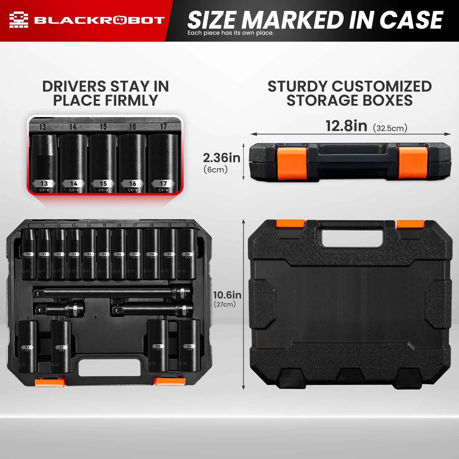 BLACKROBOT 18 PCS 1/2" Inch impact Deep Well Metric Socket Set, 18 Pieces Socket Set (10mm - 24mm), Include 3", 5", and 10" Impact Extension Bars, 6 Point Design Cr-V Socket Set, Meets ANSI Standards