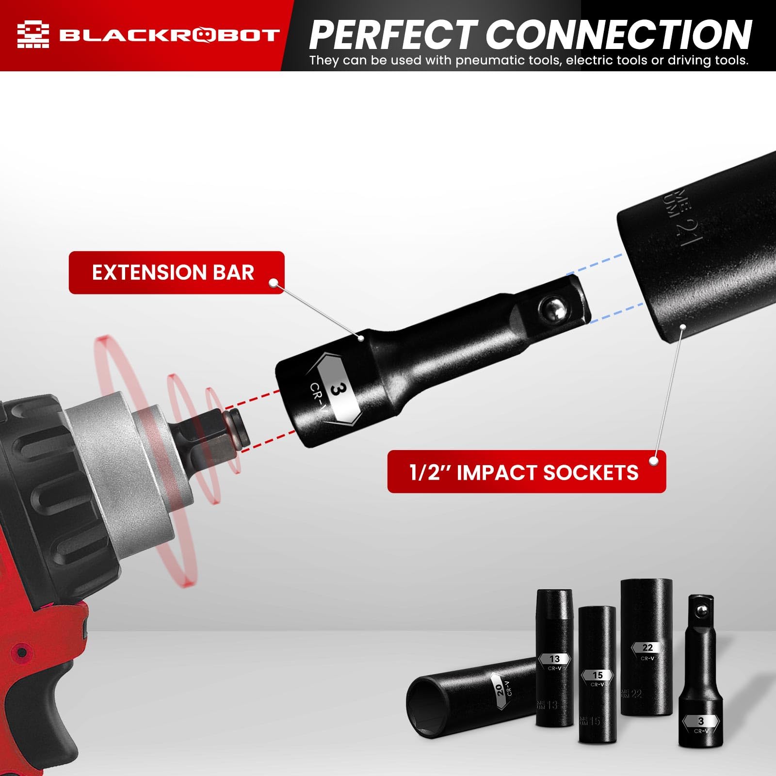 BLACKROBOT 18 PCS 1/2" Inch impact Deep Well Metric Socket Set, 18 Pieces Socket Set (10mm - 24mm), Include 3", 5", and 10" Impact Extension Bars, 6 Point Design Cr-V Socket Set, Meets ANSI Standards