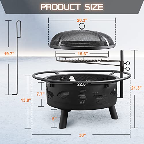 FUNBERRY Fire Pits for Outside,Outdoor Fire Pits with Grill,Wood Burning Fire Pit,30 Inch Firepit with Spark Screen,Log Grate,Poker