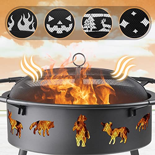 FUNBERRY Fire Pits for Outside,Outdoor Fire Pits with Grill,Wood Burning Fire Pit,30 Inch Firepit with Spark Screen,Log Grate,Poker