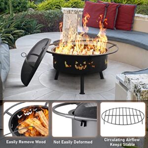 Fire Pit,Outdoor Fire Pits,Wood Fire Pits,Wood Burning Fire Pit,30" Fire Pits for Outside Patio,Backyard Fire Pit with Spark Screen,Log Grate,Poker Black