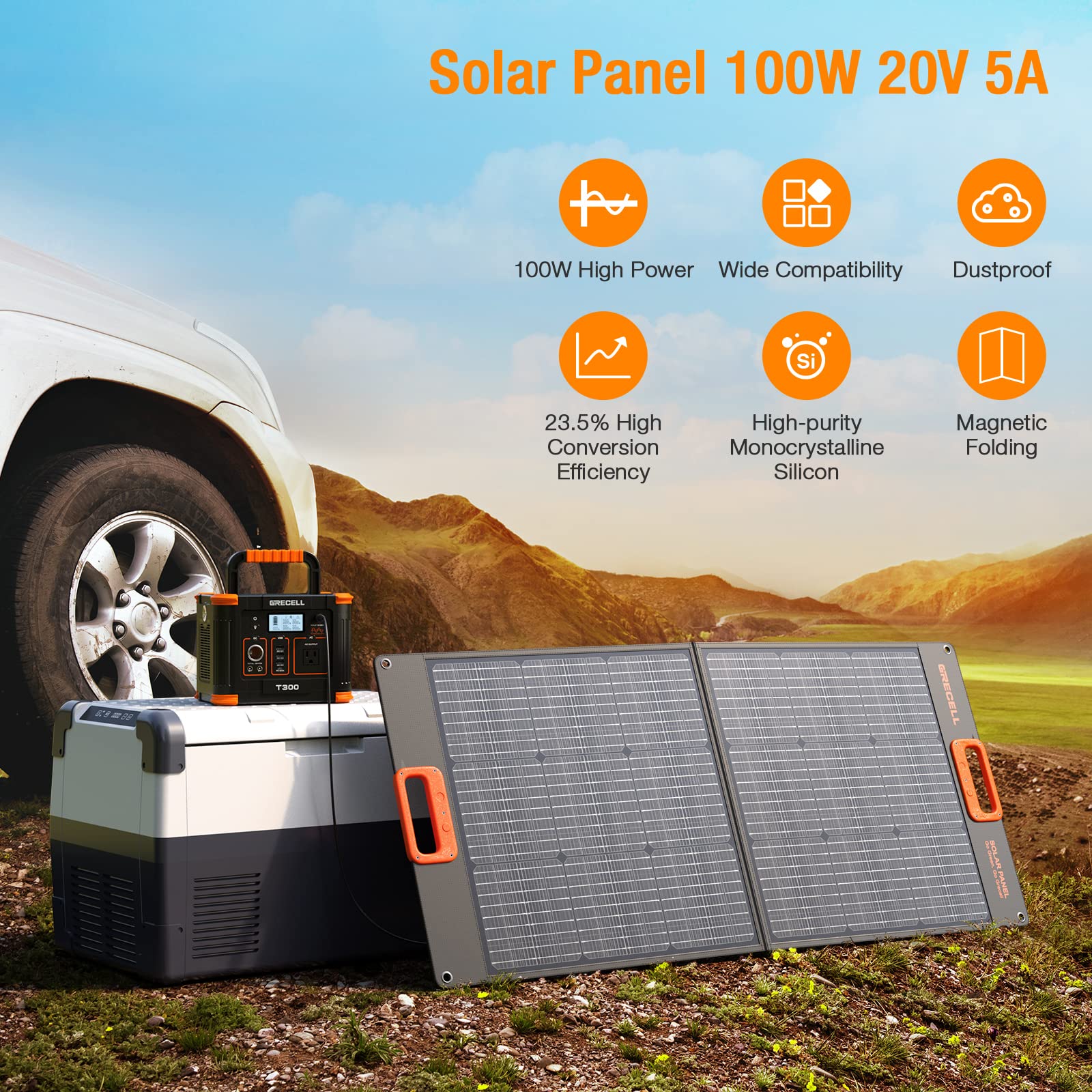 GRECELL 288Wh Portable Power Station and 100W Portable Solar Panel with 330W AC Outlet, Solar Mobile Lithium Battery Pack for Outdoor RV/Van Camping, 60W PD Output