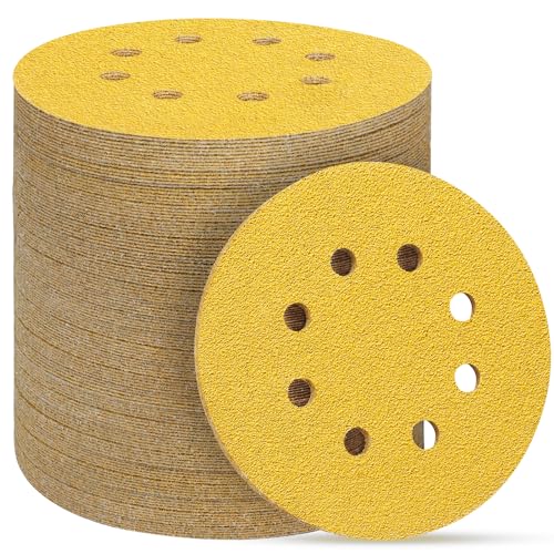 POTUINOM 80PCS 5 Inch 8 Hole Sanding Discs 40 Grit,Gold Round Hook and Loop Sandpaper for Random Orbital Sander