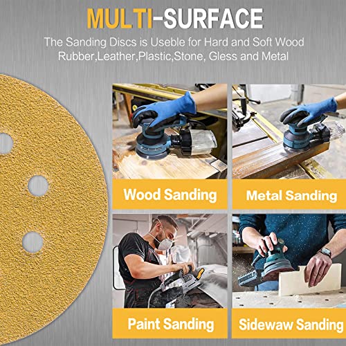 POTUINOM 80PCS 5 Inch 8 Hole Sanding Discs 40 Grit,Gold Round Hook and Loop Sandpaper for Random Orbital Sander