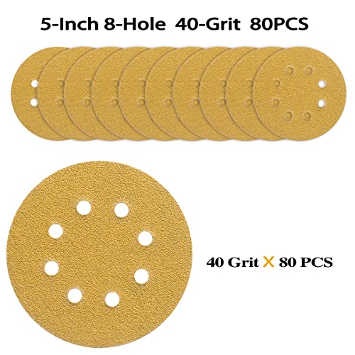 POTUINOM 80PCS 5 Inch 8 Hole Sanding Discs 40 Grit,Gold Round Hook and Loop Sandpaper for Random Orbital Sander