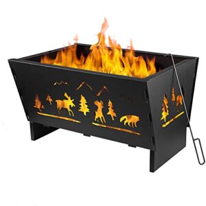 fire pit,wood fire pits,bonfire pit,fire pits for outside,28 inch rectangle cast iron fire pit for patio,backyard with fire poker and metal grate,forest cutout pattern