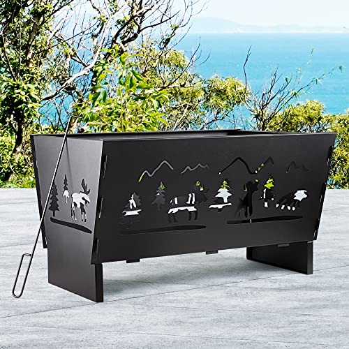 Fire Pit,Wood Fire Pits,Bonfire Pit,Fire Pits for Outside,28 Inch Rectangle Cast Iron Fire Pit for Patio,Backyard with Fire Poker and Metal Grate,Forest Cutout Pattern