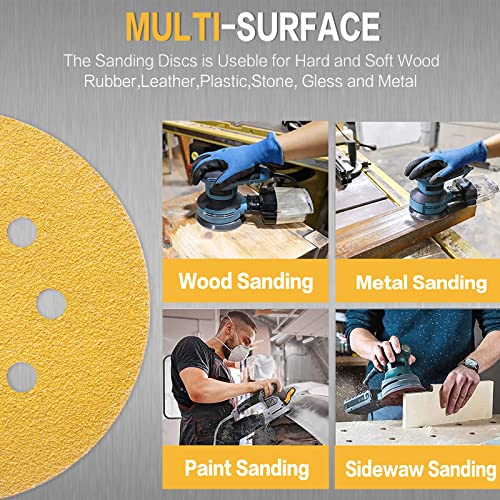 POTUINOM 100PCS 5 Inch 8 Hole Sanding Discs 80 Grit,Gold Round Hook and Loop Sandpaper for Random Orbital Sander