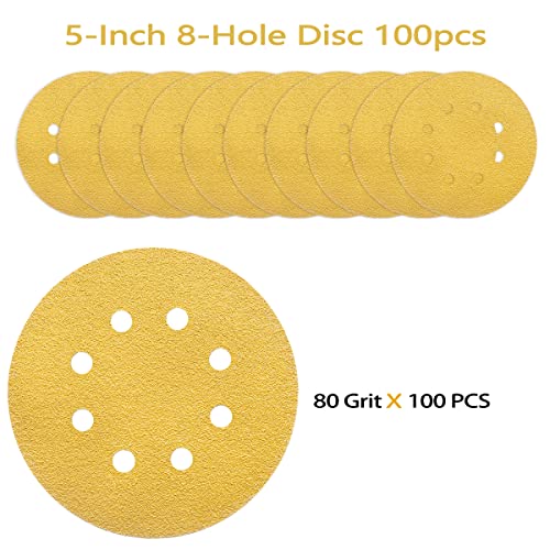 POTUINOM 100PCS 5 Inch 8 Hole Sanding Discs 80 Grit,Gold Round Hook and Loop Sandpaper for Random Orbital Sander