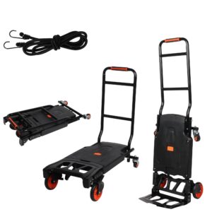 folding hand truck dolly cart, platform truck cart, dual-purpose design, one-button folding portable flatbed luggage cart with bungee cord for office shopping moving travel transport 330lbs capacity