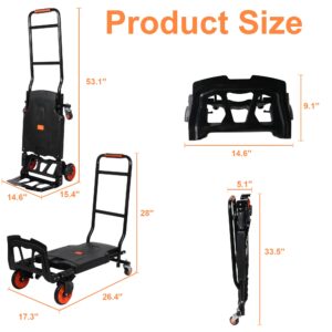 Folding Hand Truck Dolly Cart, Platform Truck Cart, Dual-Purpose Design, One-Button Folding Portable Flatbed Luggage Cart with Bungee Cord for Office Shopping Moving Travel Transport 330lbs Capacity