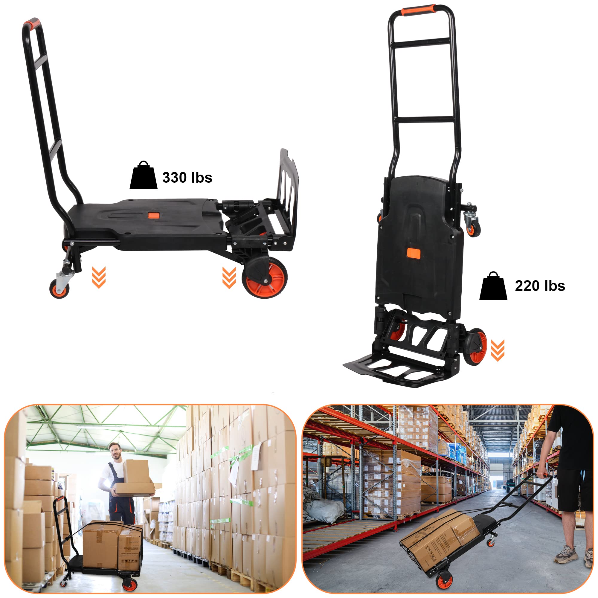 Folding Hand Truck Dolly Cart, Platform Truck Cart, Dual-Purpose Design, One-Button Folding Portable Flatbed Luggage Cart with Bungee Cord for Office Shopping Moving Travel Transport 330lbs Capacity