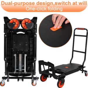 Folding Hand Truck Dolly Cart, Platform Truck Cart, Dual-Purpose Design, One-Button Folding Portable Flatbed Luggage Cart with Bungee Cord for Office Shopping Moving Travel Transport 330lbs Capacity