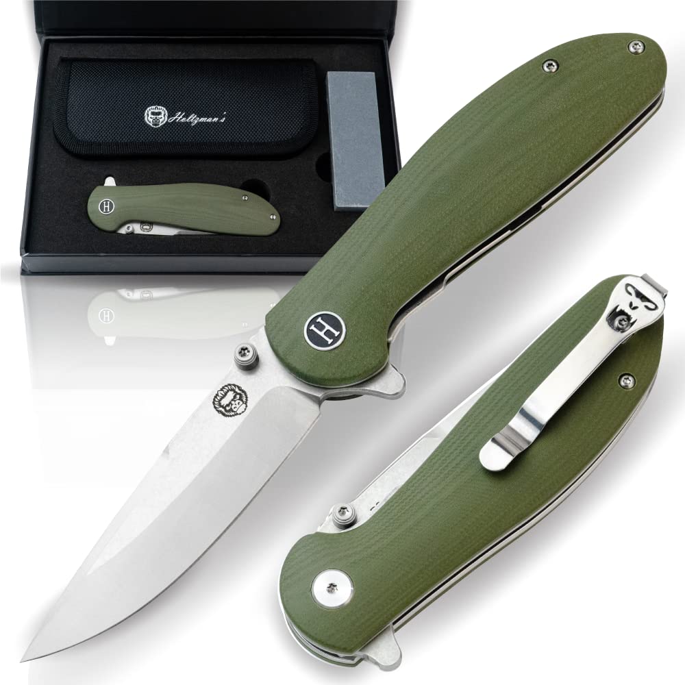 Holtzman's Gorilla Survival Folding Knife D2 Steel Blade G10 Tactical Handle Pocket Folding Knife EDC Giftset for Men (Silver and Green)