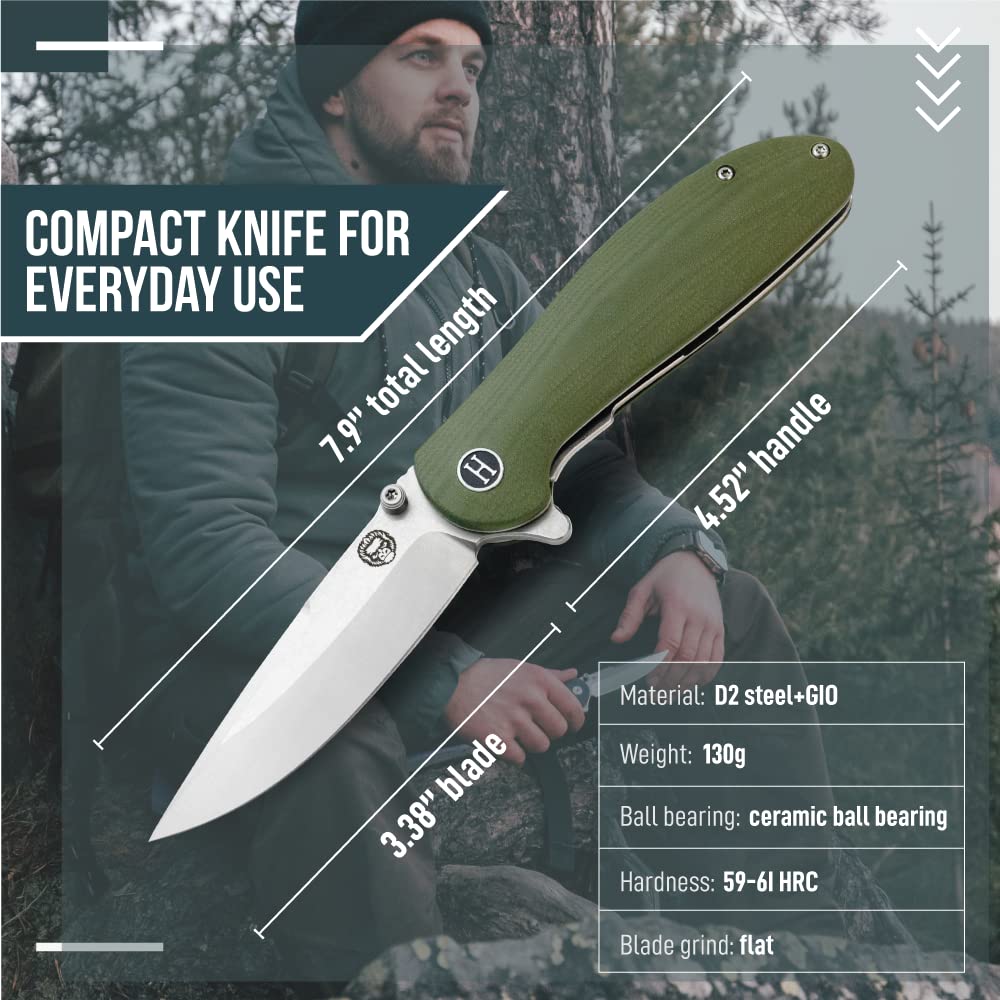 Holtzman's Gorilla Survival Folding Knife D2 Steel Blade G10 Tactical Handle Pocket Folding Knife EDC Giftset for Men (Silver and Green)